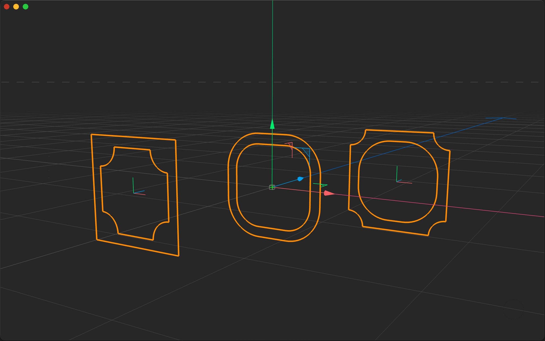 screenshot of 3 generated Frame splines in viewport showing different raidus controls