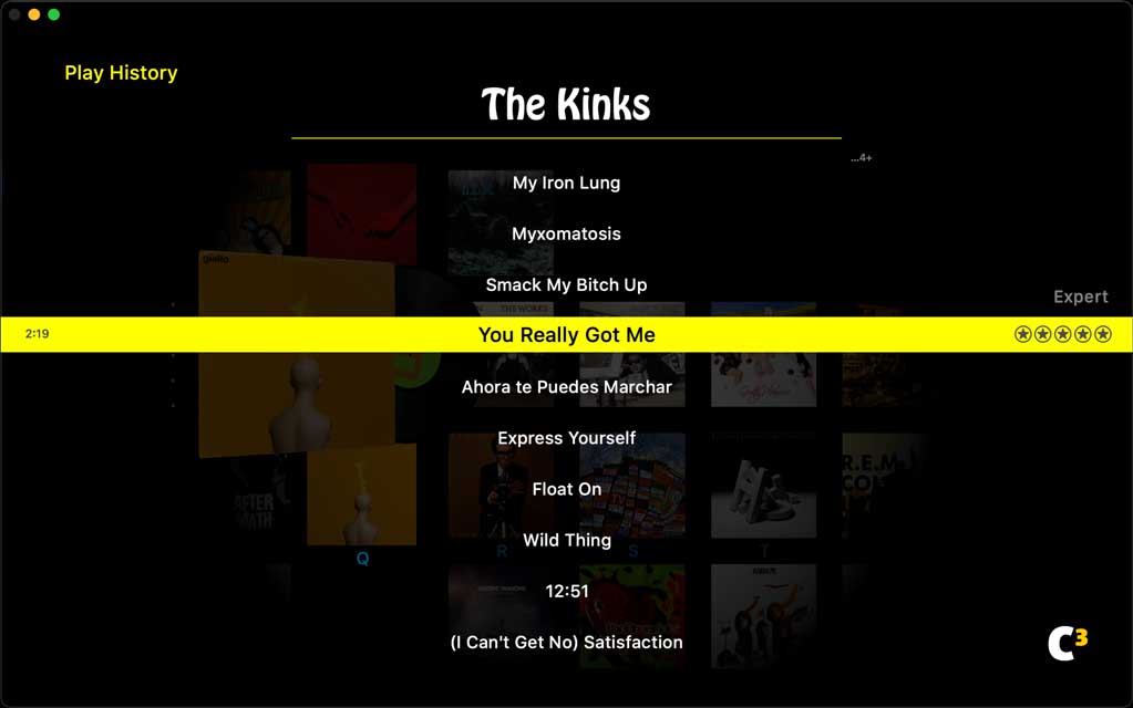 screenshot of list menu showing selection of You Really Got Me by The Kinks