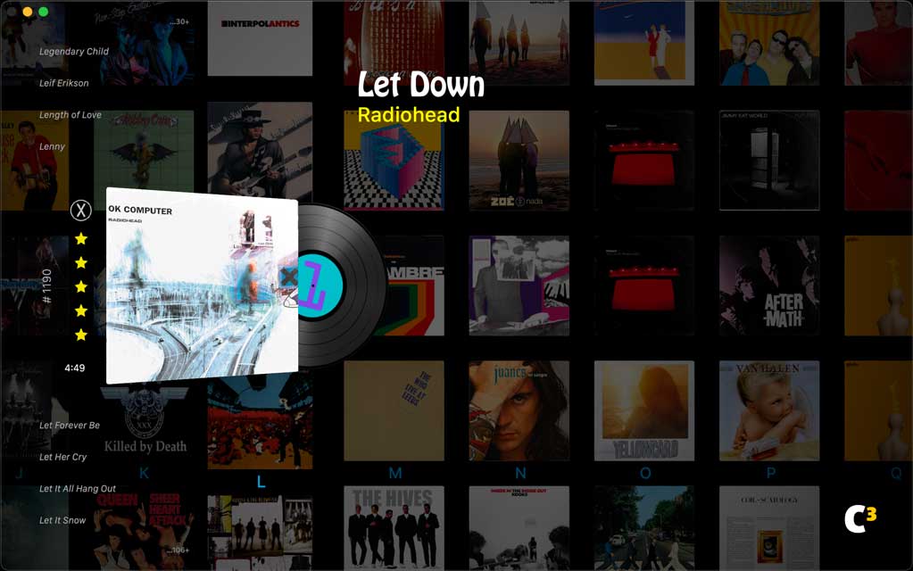 screenshot of main song menu showing the song Let Down by Radiohead selected